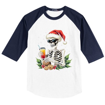 Funny Christmas Skeleton With Santa Hat Cookies & Drink Baseball Sleeve Shirt