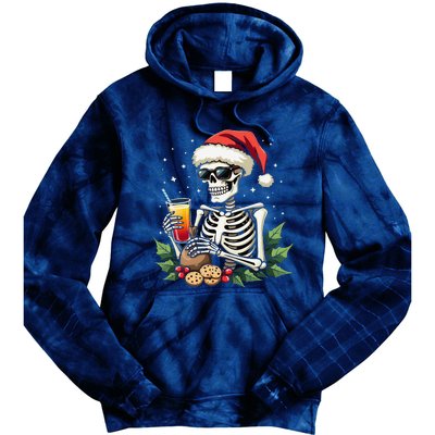 Funny Christmas Skeleton With Santa Hat Cookies & Drink Tie Dye Hoodie