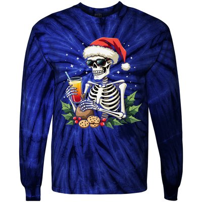 Funny Christmas Skeleton With Santa Hat Cookies & Drink Tie-Dye Long Sleeve Shirt