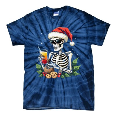 Funny Christmas Skeleton With Santa Hat Cookies & Drink Tie-Dye T-Shirt