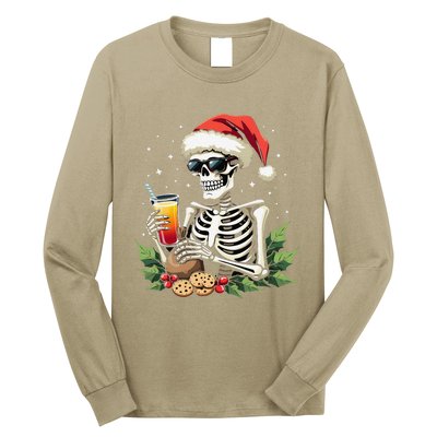 Funny Christmas Skeleton With Santa Hat Cookies & Drink Long Sleeve Shirt