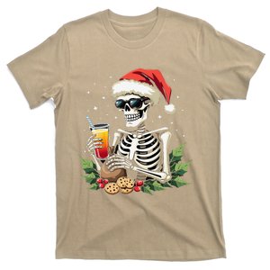 Funny Christmas Skeleton With Santa Hat Cookies & Drink T-Shirt