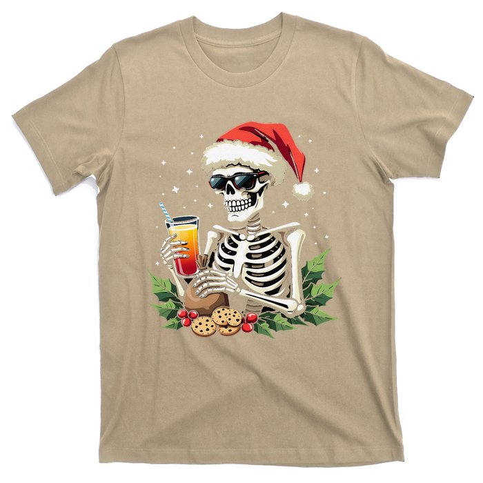 Funny Christmas Skeleton With Santa Hat Cookies & Drink T-Shirt