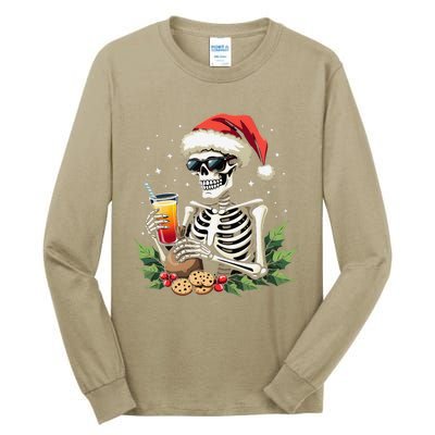 Funny Christmas Skeleton With Santa Hat Cookies & Drink Tall Long Sleeve T-Shirt