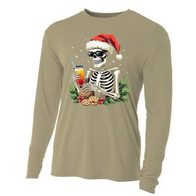 Funny Christmas Skeleton With Santa Hat Cookies & Drink Cooling Performance Long Sleeve Crew