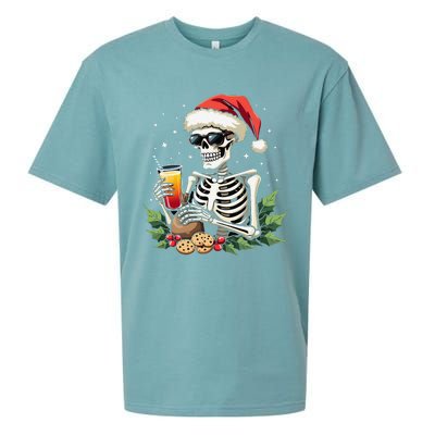 Funny Christmas Skeleton With Santa Hat Cookies & Drink Sueded Cloud Jersey T-Shirt