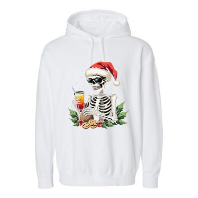 Funny Christmas Skeleton With Santa Hat Cookies & Drink Garment-Dyed Fleece Hoodie