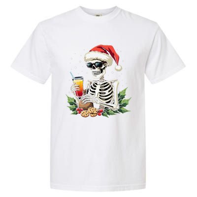 Funny Christmas Skeleton With Santa Hat Cookies & Drink Garment-Dyed Heavyweight T-Shirt