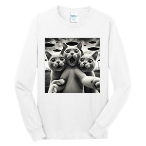 Funny Cat Selfie With Ufos Cat Mom Cat Dad Funny Cat Lover Tall Long Sleeve T-Shirt