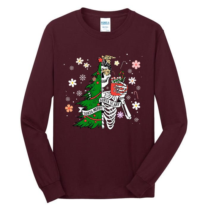 Funny Christmas Sorta Merry Sorta Scary Skeleton Xmas Tree Tall Long Sleeve T-Shirt