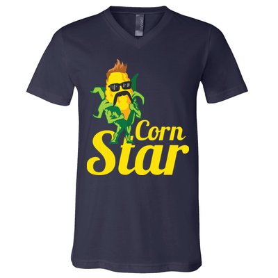 Funny Corn Star Sunglasses Mustache Maize V-Neck T-Shirt