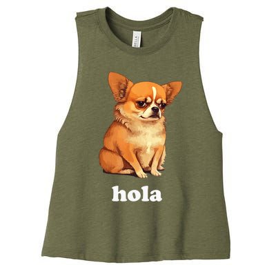 Funny Chihuahua speaks Spanish – Hi (Hola) Women's Racerback Cropped Tank