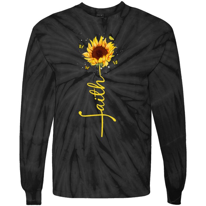 Faith Cross Sunflower Butterflies Flowers Christians Flora Tie-Dye Long Sleeve Shirt