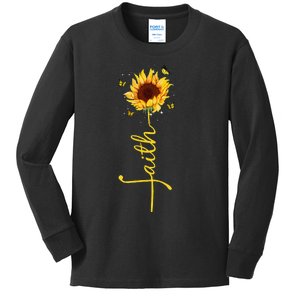 Faith Cross Sunflower Butterflies Flowers Christians Flora Kids Long Sleeve Shirt