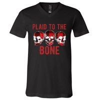 Funny Christmas Skulls Plaid To The Bone Skeleton Xmas Gift V-Neck T-Shirt