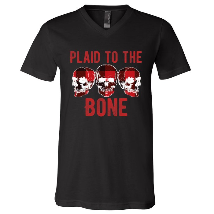 Funny Christmas Skulls Plaid To The Bone Skeleton Xmas Gift V-Neck T-Shirt