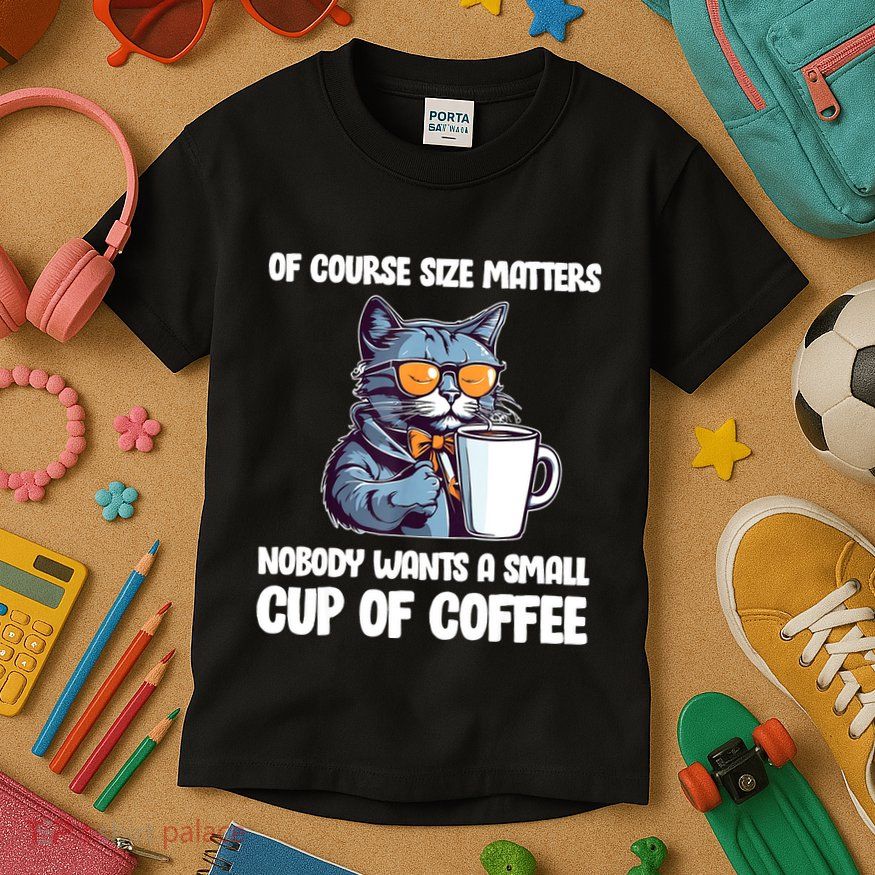 Funny Cat Size Matters Nobody Wants A Small Cup Of Coffee Kids T-Shirt