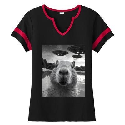 Funny Capybara Selfie With Ufos Weird Ladies Halftime Notch Neck Tee