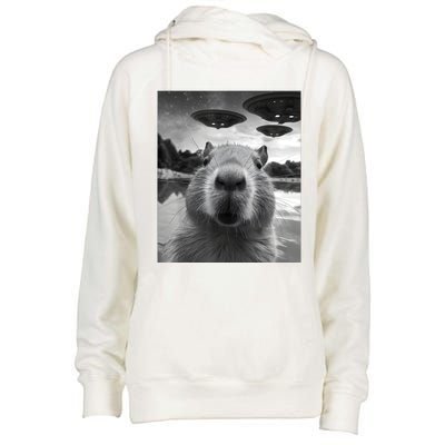 Funny Capybara Selfie With Ufos Weird Womens Funnel Neck Pullover Hood