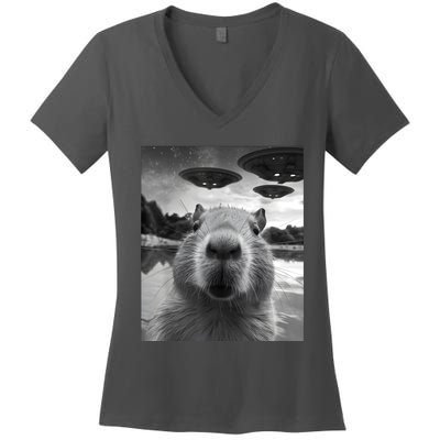 Funny Capybara Selfie With Ufos Weird Women's V-Neck T-Shirt