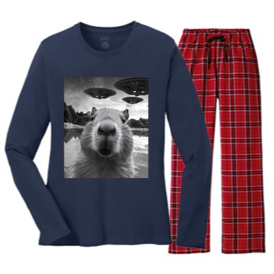 Funny Capybara Selfie With Ufos Weird Women's Long Sleeve Flannel Pajama Set 