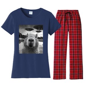 Funny Capybara Selfie With Ufos Weird Women's Flannel Pajama Set