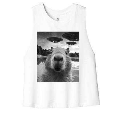 Funny Capybara Selfie With Ufos Weird Women's Racerback Cropped Tank