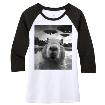 Funny Capybara Selfie With Ufos Weird Women's Tri-Blend 3/4-Sleeve Raglan Shirt