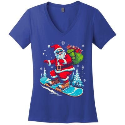 Funny Christmas Snow Ski Santa Snowboarding Snowboard Lover Gift Women's V-Neck T-Shirt