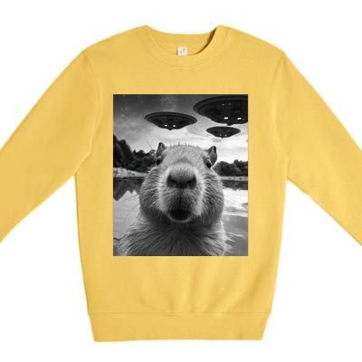 Funny Capybara Selfie with UFOs Weird Premium Crewneck Sweatshirt