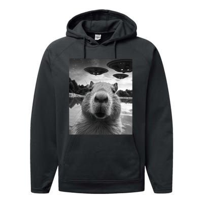 Funny Capybara Selfie with UFOs Weird Performance Fleece Hoodie