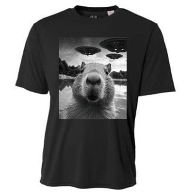 Funny Capybara Selfie with UFOs Weird Cooling Performance Crew T-Shirt