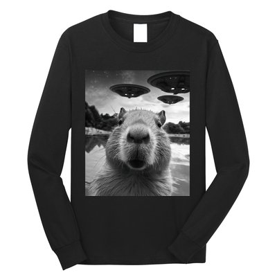 Funny Capybara Selfie with UFOs Weird Long Sleeve Shirt