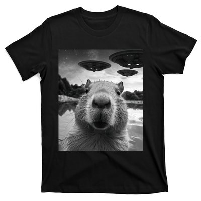 Funny Capybara Selfie with UFOs Weird T-Shirt