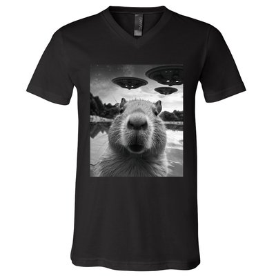 Funny Capybara Selfie with UFOs Weird V-Neck T-Shirt