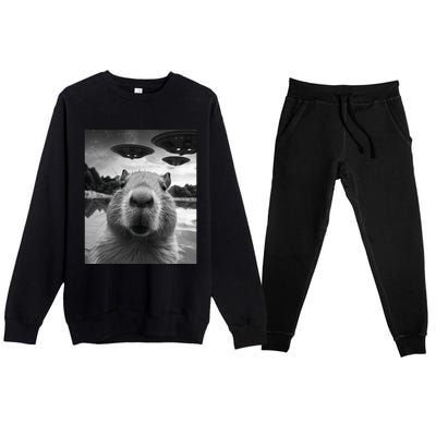 Funny Capybara Selfie with UFOs Weird Premium Crewneck Sweatsuit Set