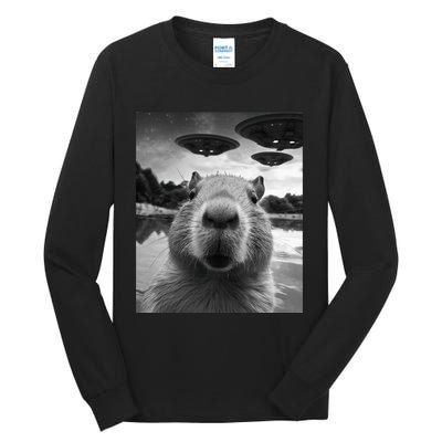 Funny Capybara Selfie with UFOs Weird Tall Long Sleeve T-Shirt