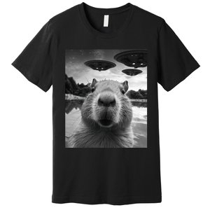 Funny Capybara Selfie with UFOs Weird Premium T-Shirt