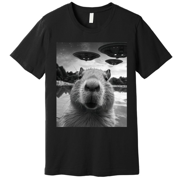 Funny Capybara Selfie with UFOs Weird Premium T-Shirt