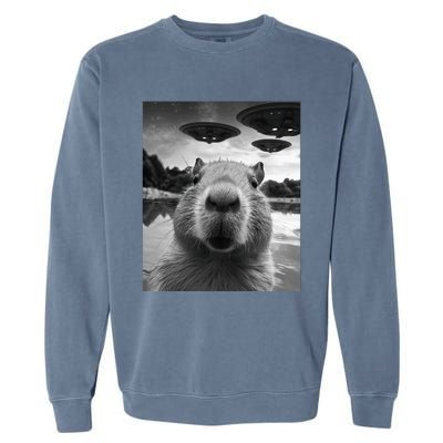 Funny Capybara Selfie with UFOs Weird Garment-Dyed Sweatshirt