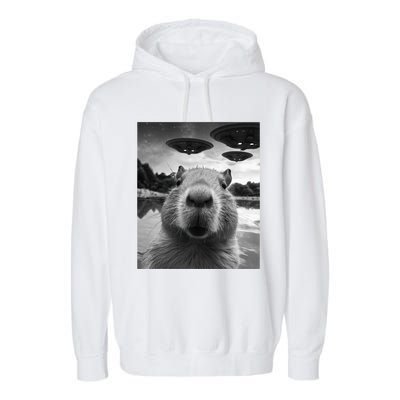 Funny Capybara Selfie with UFOs Weird Garment-Dyed Fleece Hoodie