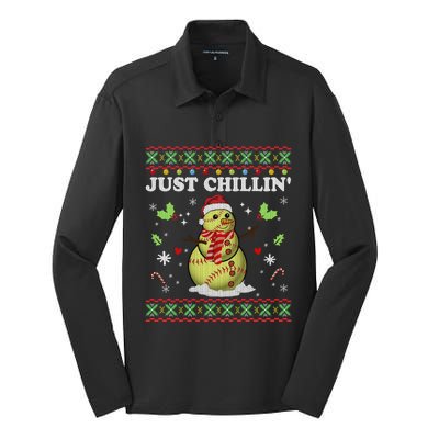 Funny Chillin Snow Softball Ball Ugly Christmas Sweater Cool Gift Silk Touch Performance Long Sleeve Polo