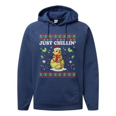 Funny Chillin Snow Softball Ball Ugly Christmas Sweater Cool Gift Performance Fleece Hoodie