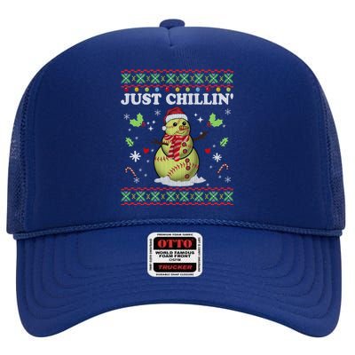 Funny Chillin Snow Softball Ball Ugly Christmas Sweater Cool Gift High Crown Mesh Back Trucker Hat