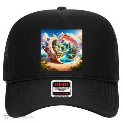 Fantasy Cute Seashell Hidden Landscape High Crown Mesh Back Trucker Hat