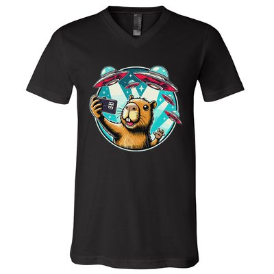 Funny Capybara Selfie With Ufos V-Neck T-Shirt