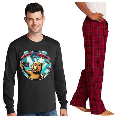 Funny Capybara Selfie With Ufos Long Sleeve Pajama Set