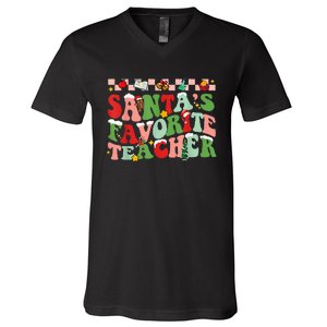 Funny Christmas Santas Favorite Teacher Xmas Retro Pajama V-Neck T-Shirt