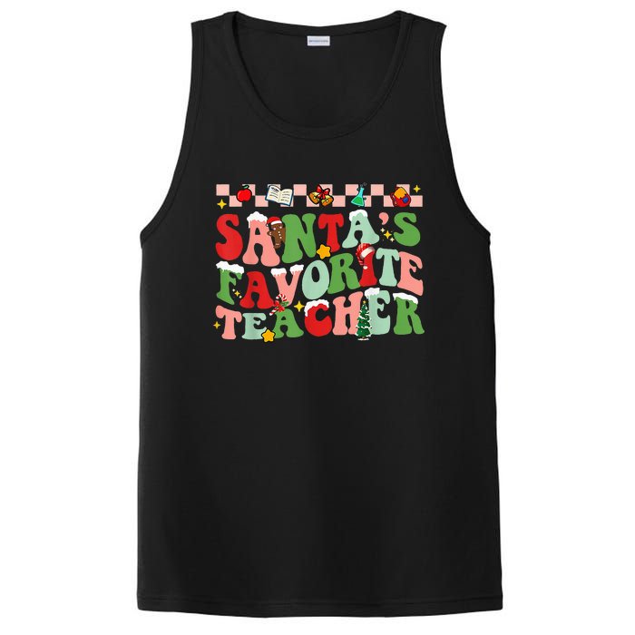 Funny Christmas Santas Favorite Teacher Xmas Retro Pajama PosiCharge Competitor Tank