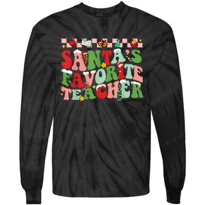 Funny Christmas Santas Favorite Teacher Xmas Retro Pajama Tie-Dye Long Sleeve Shirt